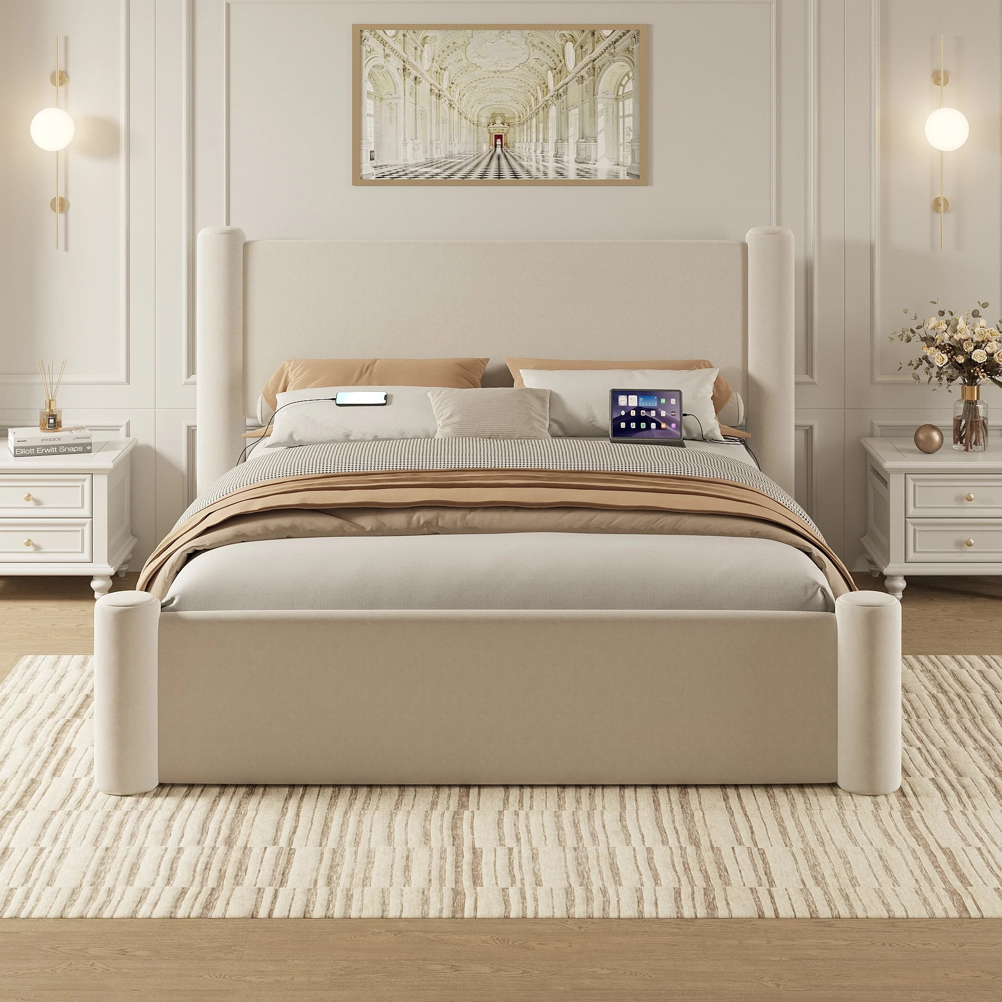 Roskilde Bed 160x200 cm with Storage – Beige Velvet