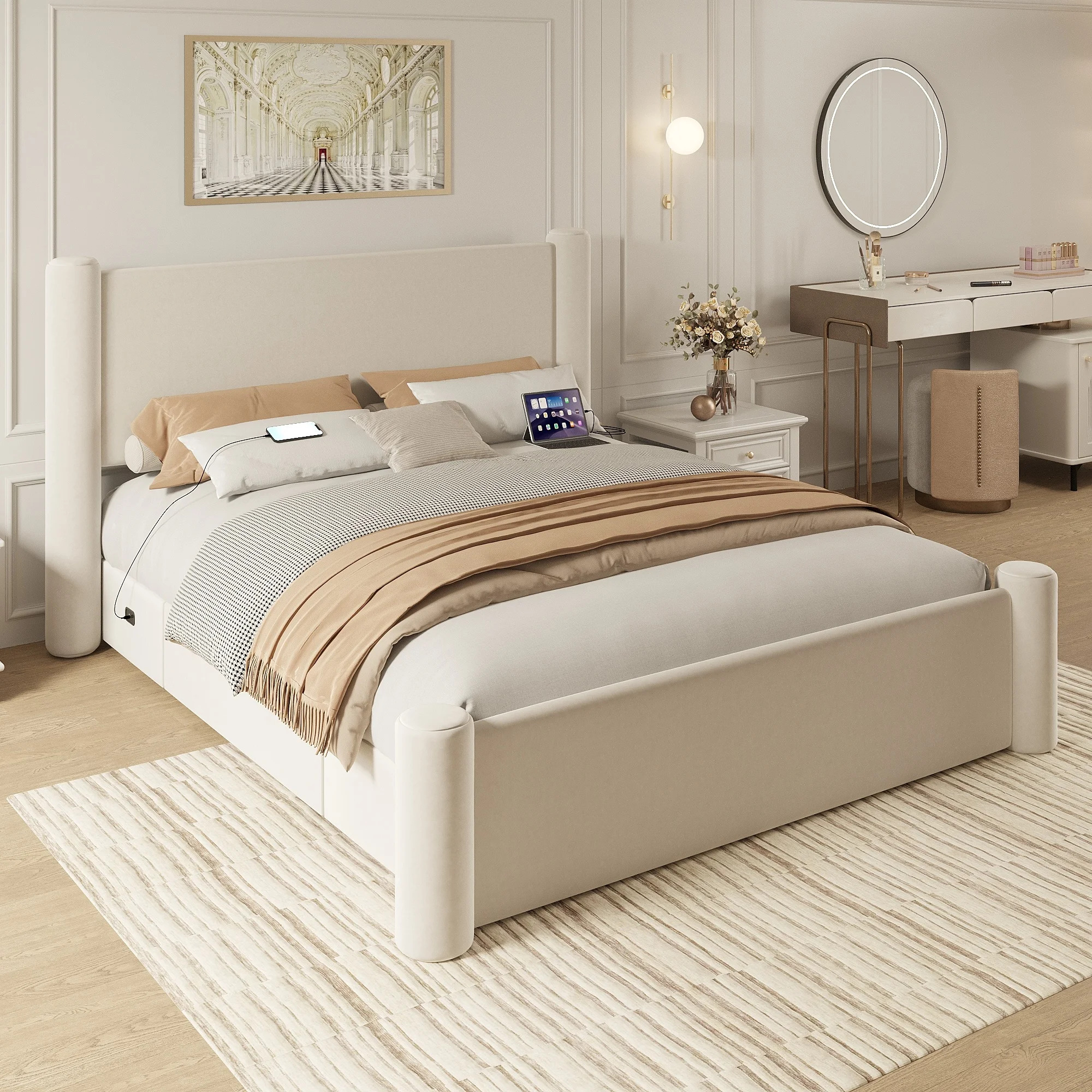 Roskilde Bed 160x200 cm with Storage – Beige Velvet - Image 3