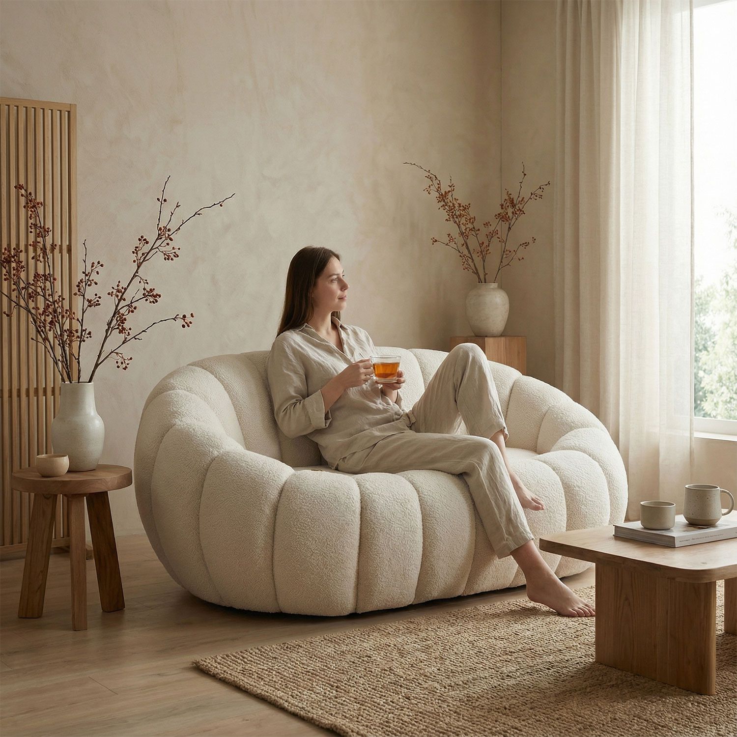 Horsens 2-Seater Sofa – Shell Design, Cream Bouclé Fabric - Image 3