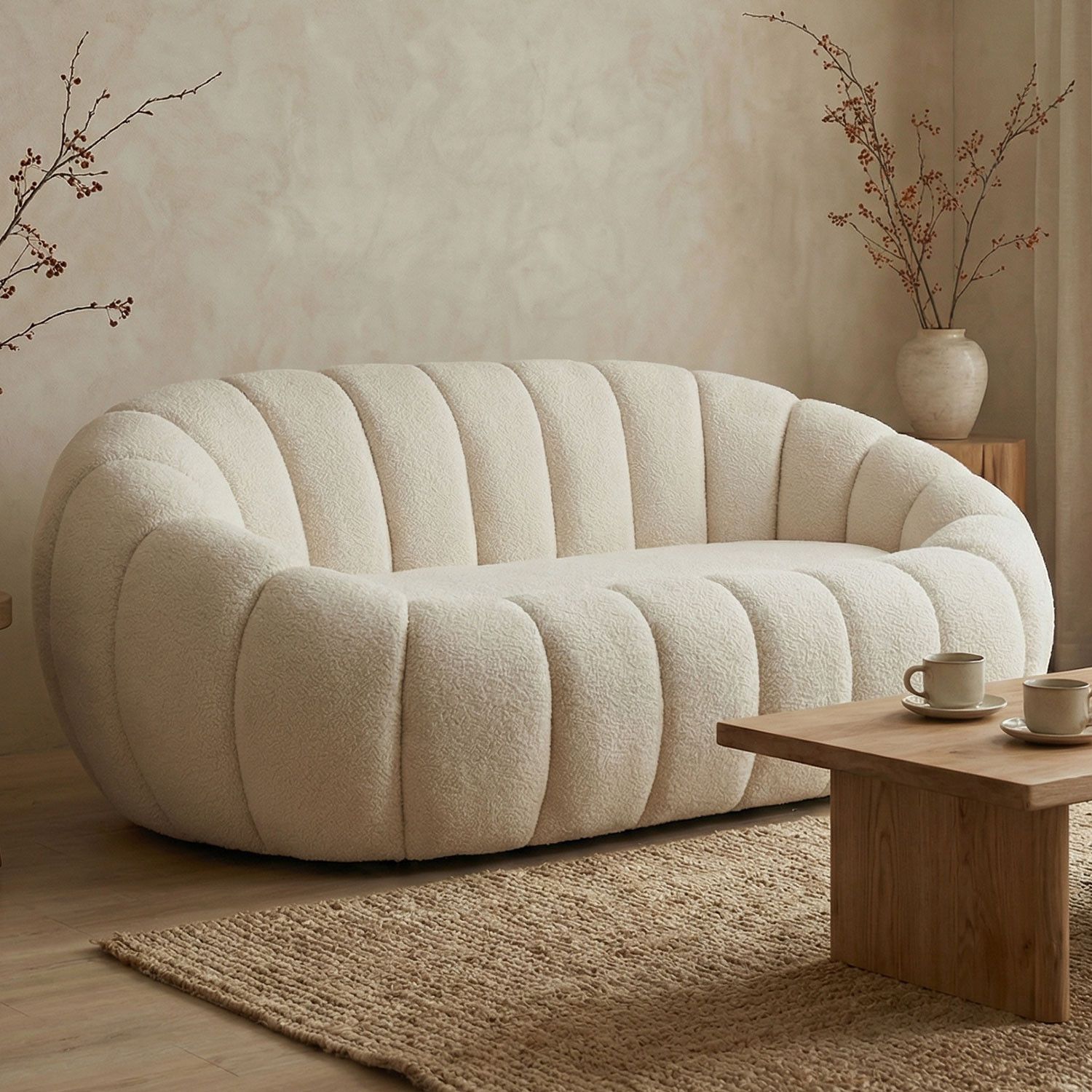 Horsens 2-Seater Sofa – Shell Design, Cream Bouclé Fabric - Image 8