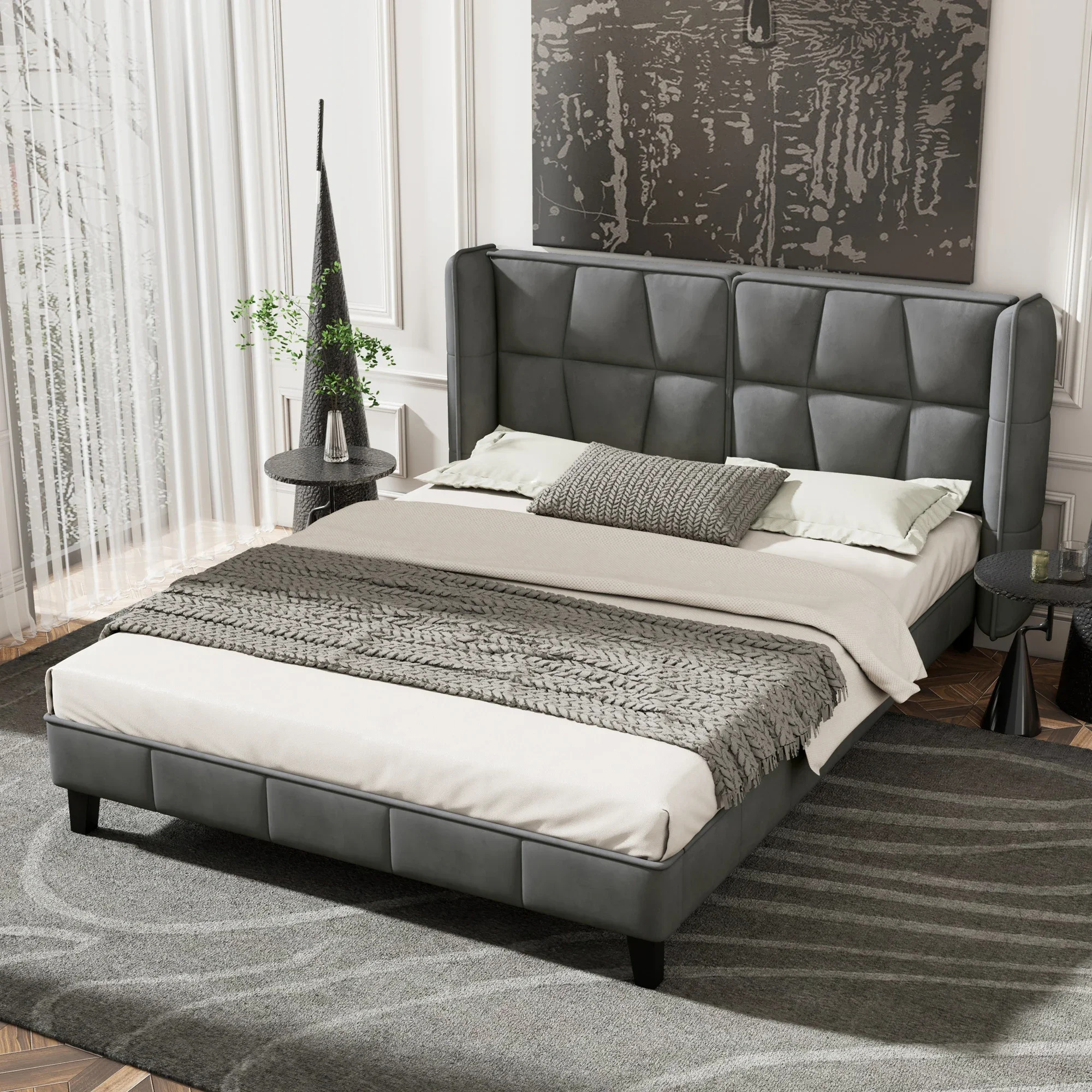 Herning Double Bed 180x200 cm – Grey Velvet with Padded Headboard - Image 2