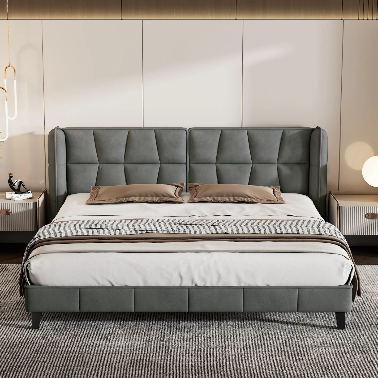 Herning Double Bed 180x200 cm – Grey Velvet with Padded Headboard